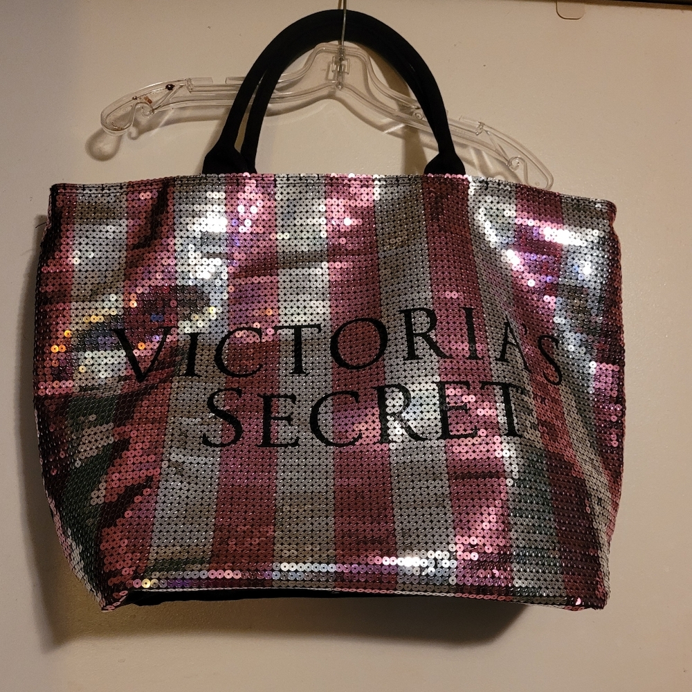 Victoria Secret Striped Pink and Black Sequin Zippered Tote bag